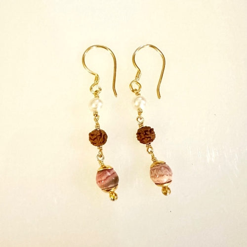 Rudraksha Pearl & Rhodochrosite Earrings (E-M364)
